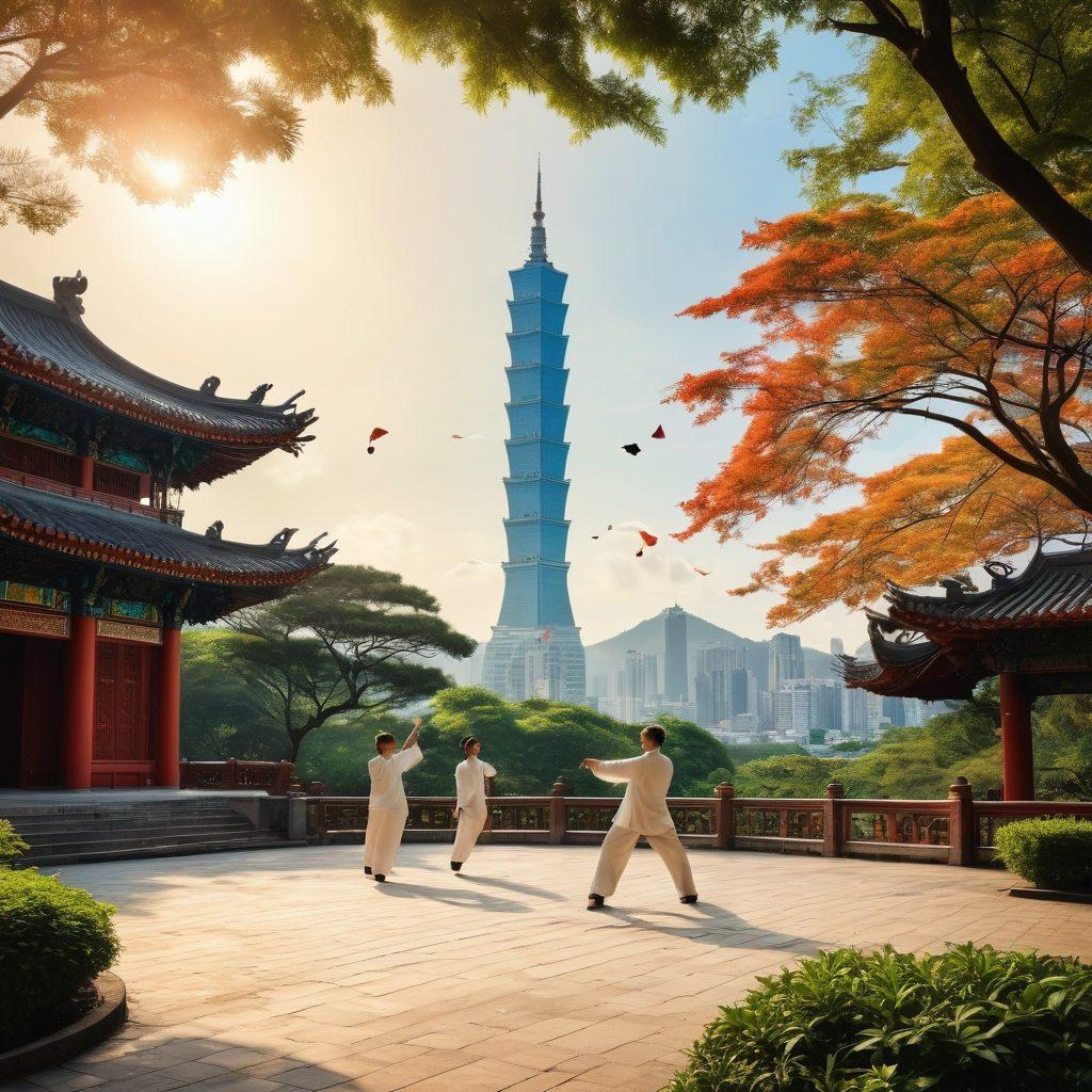 A serene outdoor scene depicting a group of people practicing Tai Chi in a vibrant Taiwanese park, surrounded by lush greenery and traditional architecture. In the background, silhouettes of famous Taiwanese film scenes illustrated in a dreamy manner, subtly merging the worlds of Tai Chi and cinema. Soft sunlight filtering through the leaves, creating a peaceful, harmonious atmosphere. include elements like colorful kites in the sky and Taipei 101 in the distance. super-realistic. vibrant colors. soft focus.
