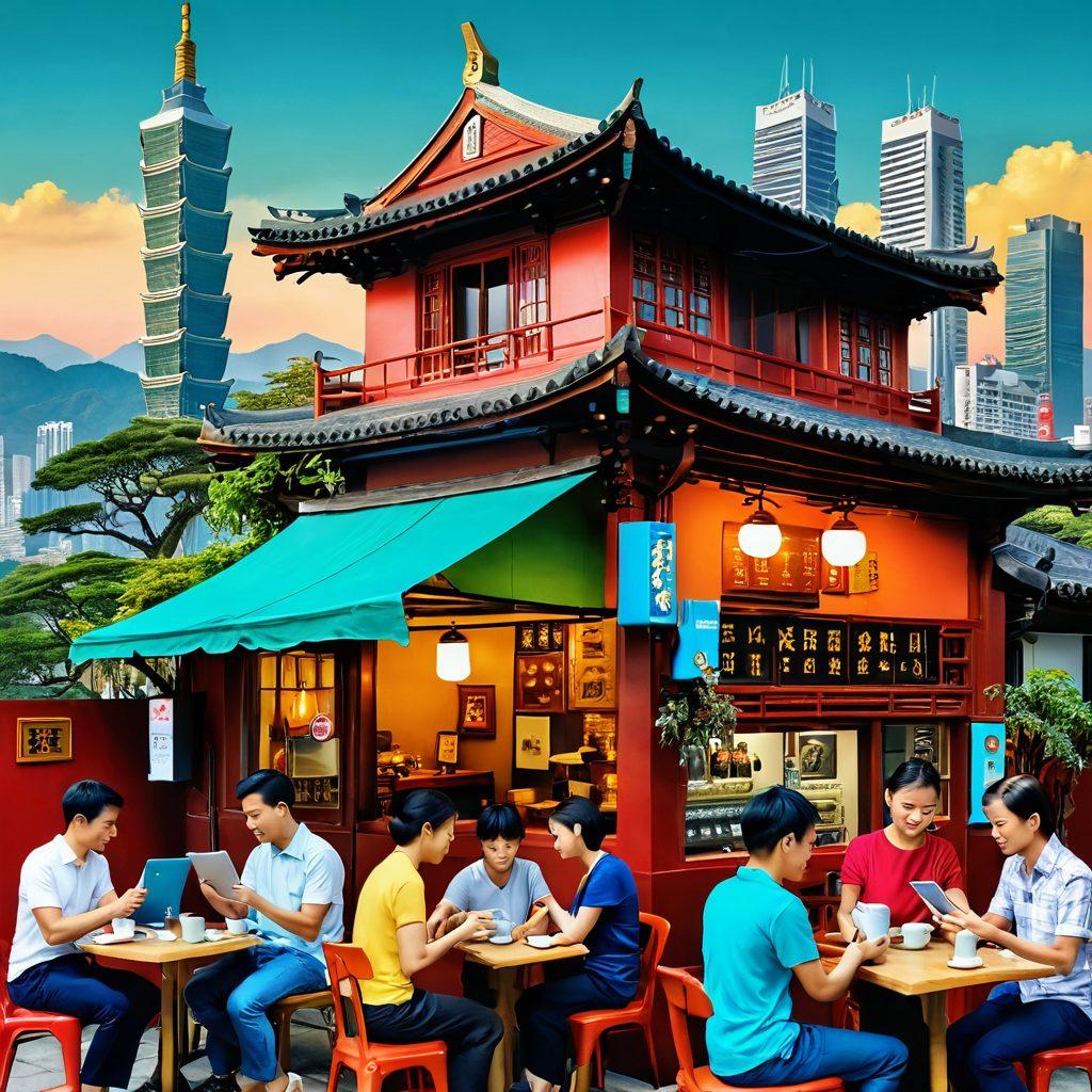 A captivating collage depicting Taiwan's media evolution, featuring a traditional tea house with an old radio, transitioning into a modern café bustling with people using tablets and smartphones. Include iconic Taiwanese landmarks in the background to emphasize culture. The left side should reflect warm, earthy tones while the right side showcases vibrant digital colors. A seamless blend between past and present. vibrant colors. collage style.