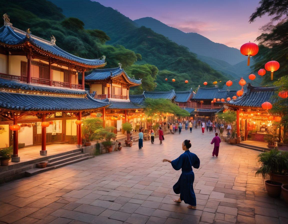 A serene scene depicting a graceful Tai Chi practitioner flowing through movements surrounded by lush Taiwanese landscapes, including rolling hills and traditional architecture. In the background, colorful lanterns float above a vibrant night market bustling with activity and rich cultural elements. Capture the harmony of culture and entertainment, illuminated by soft, warm lights. painting. vibrant colors. soft focus.